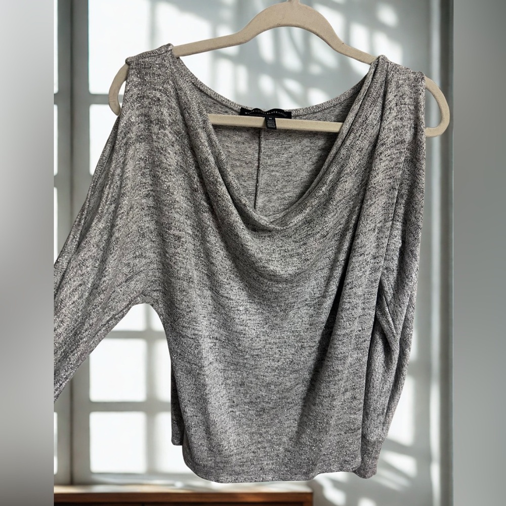 White House Black Market Light Gray Cowl Neck Sweater with open shoulder